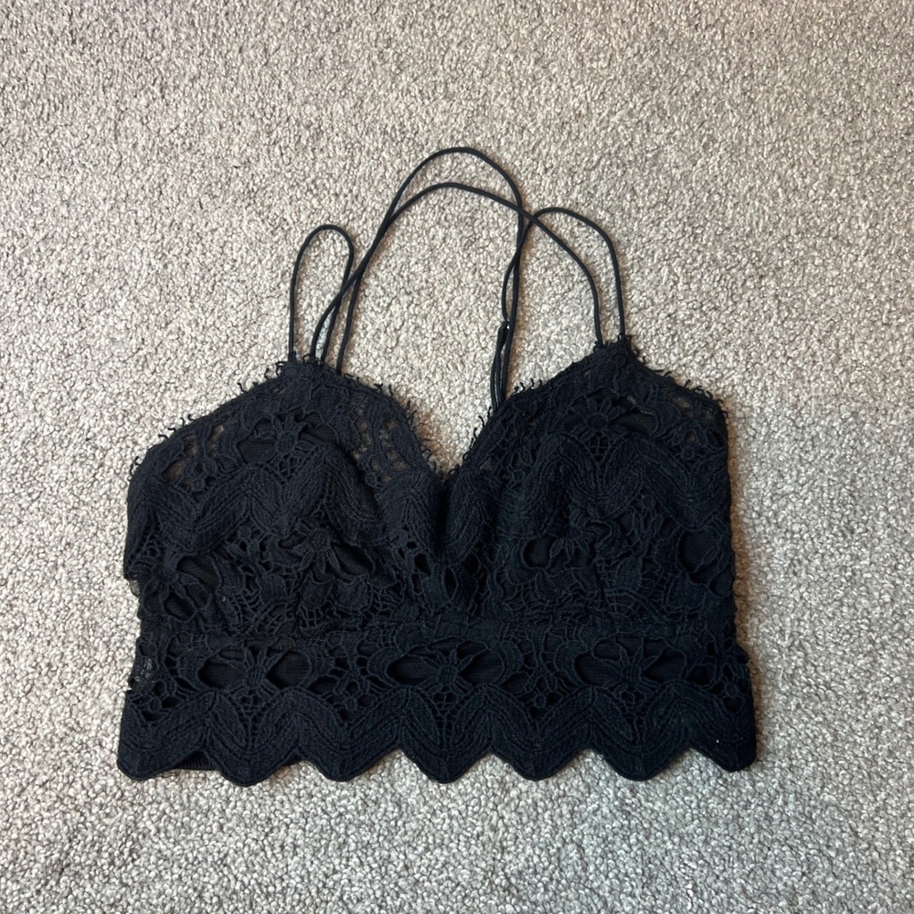 Free People bralette womens medium Black Lace Trim Smocked‎ Top Boho Festival